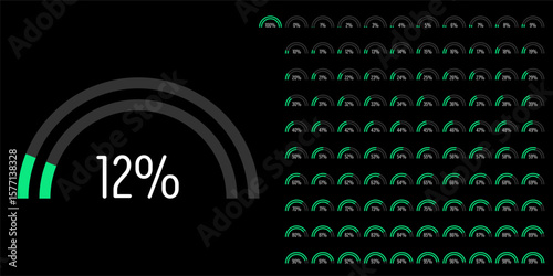 Set of semicircle percentage progress bar diagrams meters from 0 to 100 ready-to-use for web design, user interface UI or infographic - indicator with green