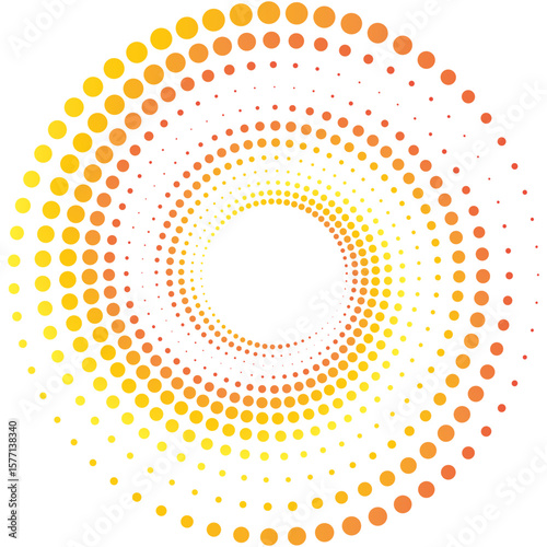 Yellow and orange halftone dots, Abstract vector illustration of randomly scattered colorful dots, festive spiral vortex, dynamic composition with objects, isolated on white background