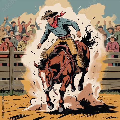 Vintage Rodeo Illustration – Cowboy Riding Bucking Bronco in Mid-Air

