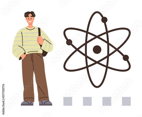 Smiling student carrying a bag next to an atom diagram, symbolizing education, science learning, growth, curiosity, innovation, academic pursuit, intellectual progress. Simple flat metaphor