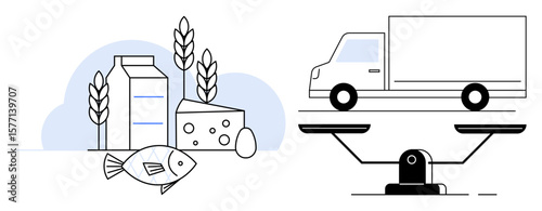 Dairy carton, cheese, fish, egg, wheat stalks beside truck on scale. Ideal for supply chain, food industry, sustainability trade agriculture logistics and resource allocation. Simple flat