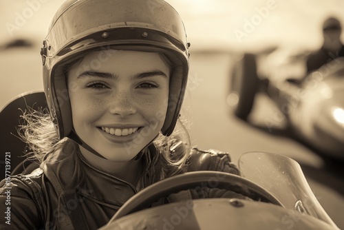 Young driver in vintage race car