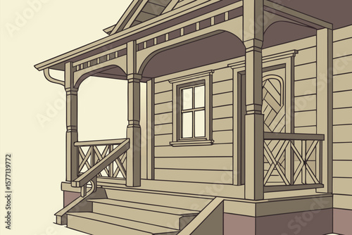 Illustration of a house with a porch, steps, a window, and a door with a unique design element on it