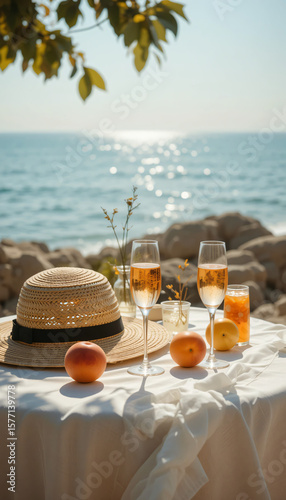 Dreamy summer seaside table scene with straw hat, fruits, and aperol spritz under dappled sunlight, evoking vintage warmth and coastal elegance.
