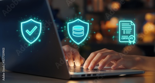 Secure Data Encryption: Hands Typing on Laptop with Digital Security Icons