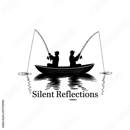  "Silent Reflections: Two Fishermen Black and White Silhouette Boating"