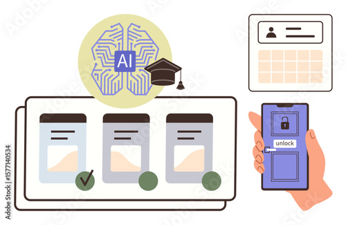 Artificial intelligence brain chip, mobile phone unlocking via biometrics, registration forms, user ID. Ideal for technology, AI, education, authentication, innovation decision-making automation