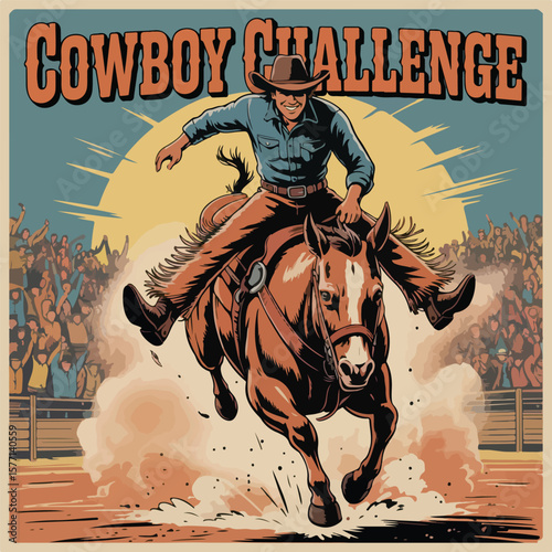 Vintage Rodeo Illustration – Cowboy Riding Bucking Bronco in Mid-Air

