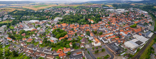 Aerial view around the old town in the city  Seesen, on an sunny spring afternoon
