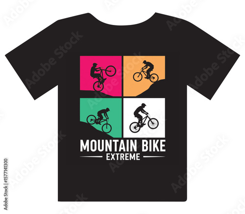 Dynamic mountain bikers conquer challenging trails in vibrant, action-packed graphic design