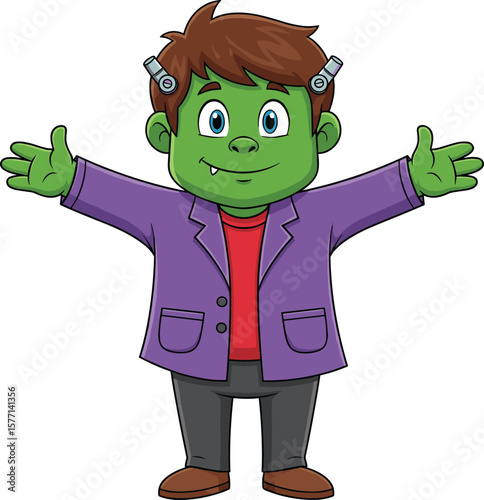 Cute cartoon Frankenstein boy character, green monster kid illustration, Halloween costume concept, smiling with arms open, purple jacket, friendly spooky themed drawing