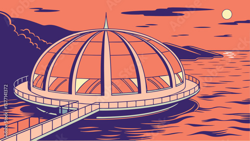 A futuristic dome structure on water with a walkway against a sunset backdrop landscape view
