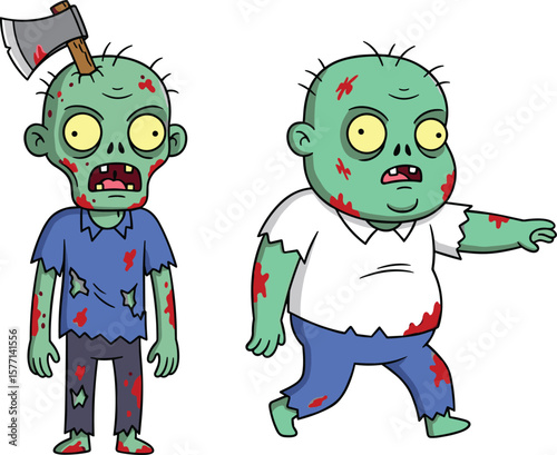 Two cartoon zombies with axe and blood, scary undead characters, Halloween horror illustration, green skin monsters, comic drawing style, creepy walking infected pair
