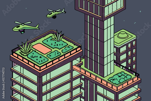 Isometric cityscape with green rooftops connecting buildings and two helicopters flying above