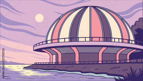 Illustration of a domed building on a shore with a pastel sky and water landscape at twilight hour