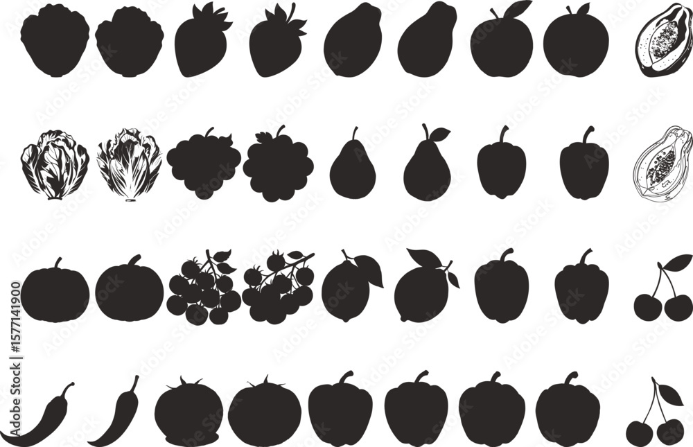 Fototapeta premium Collection of black silhouettes of various fruits and vegetables