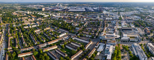 Aerial view around the old town in the city Wolfsburg on an sunny spring morning