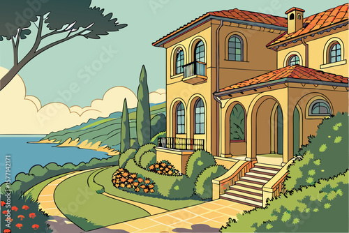 Illustration of a large house with a red tile roof near the sea and a tree on the left side