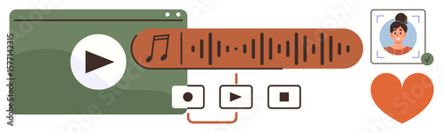 Media window with play button, audio waveform, play controls, user profile, and heart icon. Ideal for music streaming, video playback, user engagement, social media podcasts online interaction