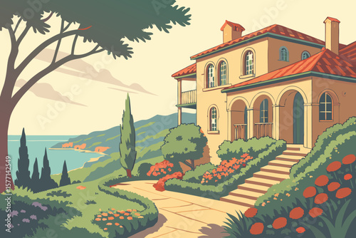 Illustration of a mediterranean style villa with a red tiled roof near the coastline and green trees