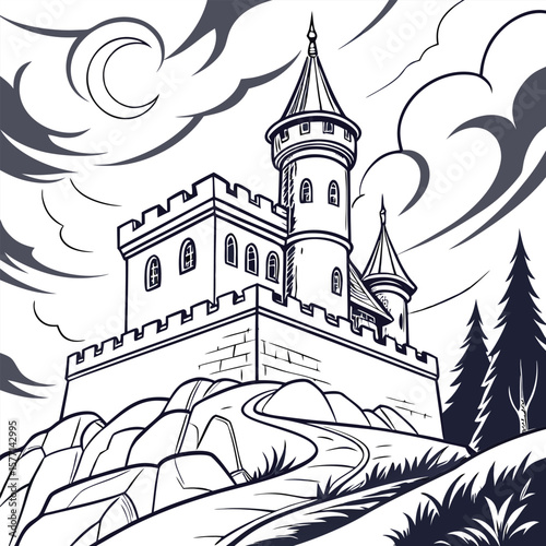 Illustration of a castle on a hill with a winding path under a cloudy moonlit sky in black and white