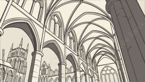 Illustration of a cathedral interior with arches, columns, and stained glass windows in light and dark shades