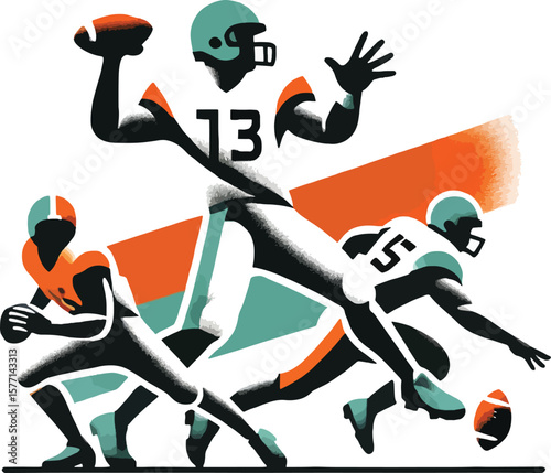 Dynamic illustration of american football players in action with bold colors and modern style
