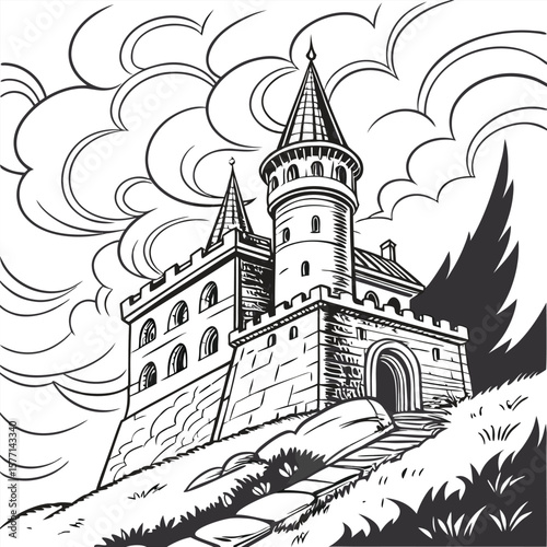 Illustration of a medieval castle with towers and a stone path under a cloudy sky landscape scene
