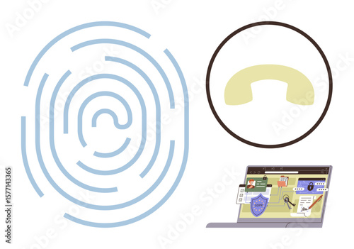 Large fingerprint, phone call icon in a circle, laptop showing secure browsing tools. Ideal for cybersecurity, identity, privacy, encryption, communication safety, biometrics online protection