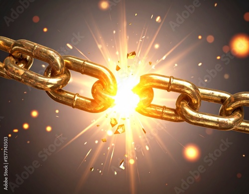 A heavy, rusted golden chain, visibly broken in the center, with bright light and sparks emanating from the break. Symbolizes freedom, liberation, and breaking oppression.