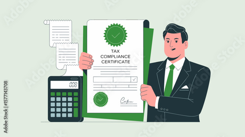 accountant holding a tax compliance certificate, vector illustration for financial regulation, official tax clearance and corporate governance