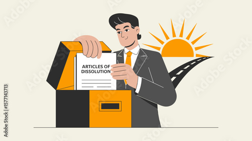 entrepreneur filing articles of dissolution paperwork, vector illustration for business closure, company liquidation and starting a new chapter