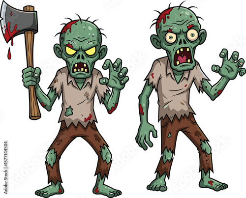 Two cartoon zombies with scary faces, one holding bloody axe, creepy horror creatures in torn clothes, undead Halloween monsters, spooky and dangerous undead duo