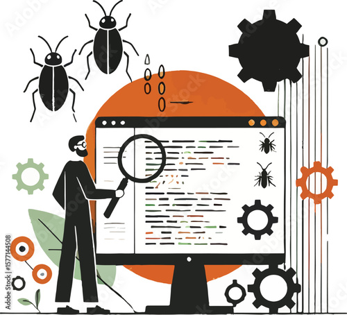 Software developer using magnifying glass analyzing code bugs and debugging for solutions