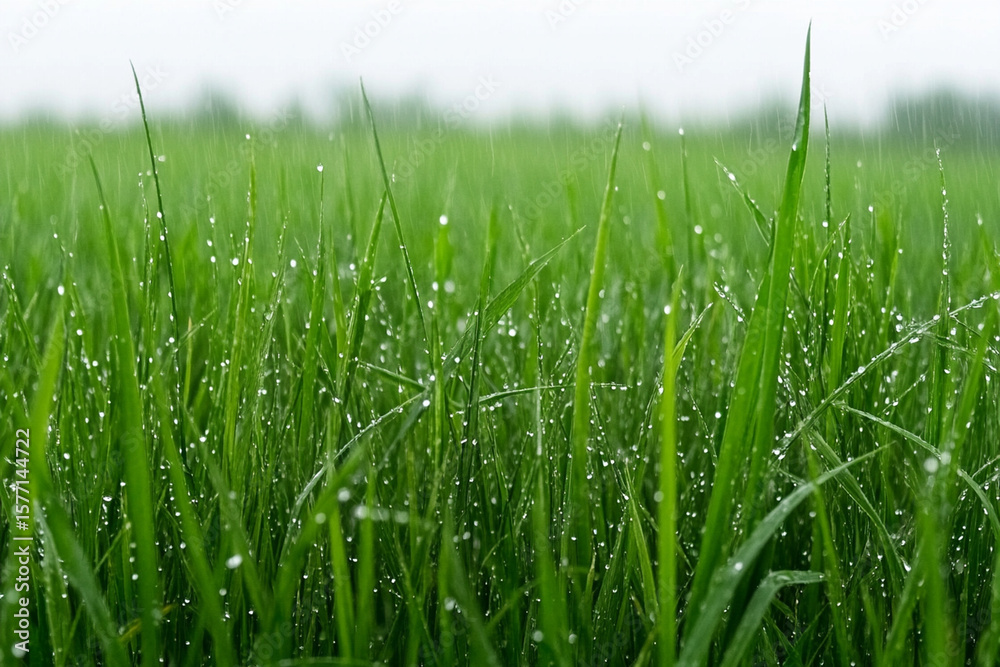 Obraz premium Detailed view of a dewy blade of grass in a lush landscape