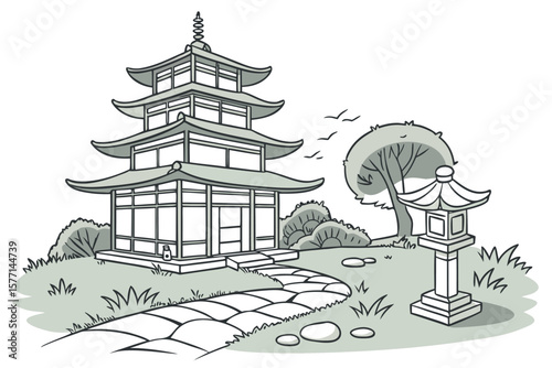 Illustration of a pagoda with multiple tiers in a serene garden setting with birds flying above it