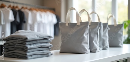 Company prepares promotional items, swag kit, branded merchandise for event. Corporate gifts, custom apparel, product, logotype, item, caterer concept on light gray table with folded clothes, white