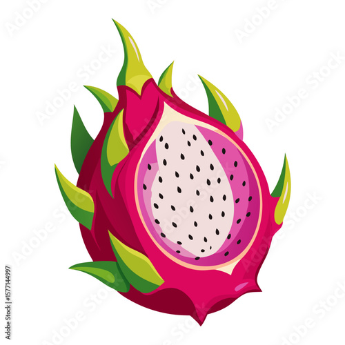 Dragon Fruit Cut in Half on Transparent White Background 