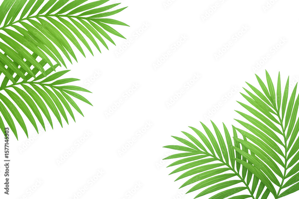 Naklejka premium Green palm fronds creating diagonal frame against transparent backdrop, conveying tropical botanical elegance