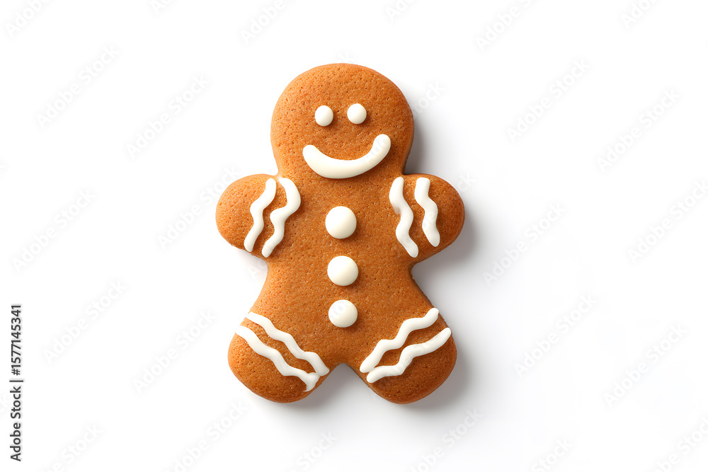 Obraz premium Gingerbread man cookie with white icing on clean background. Fun and festive holiday dessert ideal for Christmas themes and food illustrations. Cute and recognizable treat.