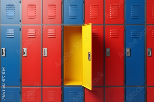 Geometric pattern of red and blue lockers with one bright yellow door open, creating a striking contrast