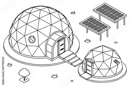 Isometric view of two geodesic domes with solar panels and a tree in a line art drawing style