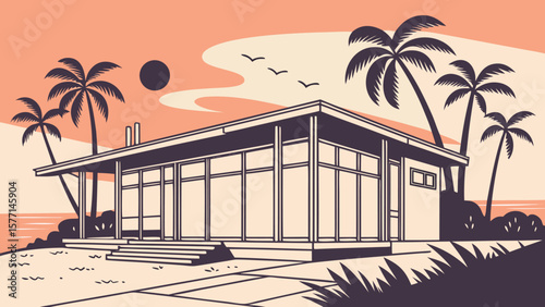 Retro style beach house with palm trees and ocean view under a sunset sky illustration art work