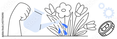 Hand pouring water on blooming flowers, Bitcoin coin, and gears symbolizing investment, growth, innovation, finance, progress, creativity, and nurturing simple flat metaphor
