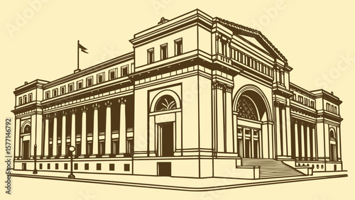 Illustration of a grand building with columns and arched entrances in a sepia tone color scheme