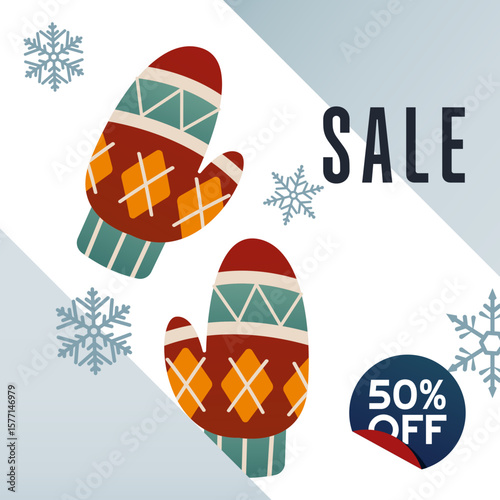 Winter Sale Mittens and Snowflakes Seasonal Promotion with Discount