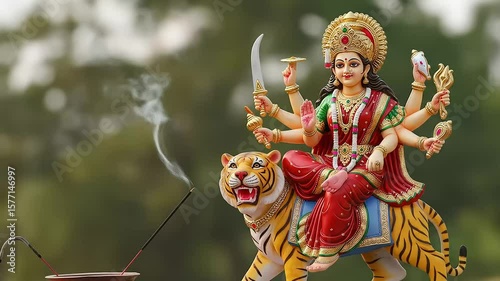 Vibrant Statue of Hindu Goddess Durga Riding a Tiger During Incense Ritual Against Blurred Green Background