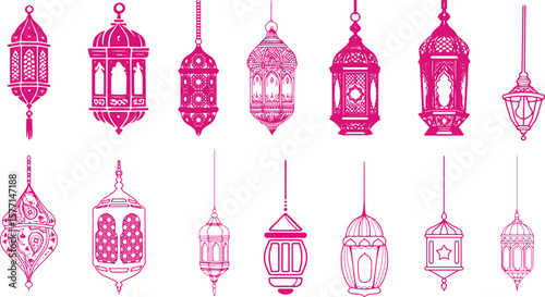 Collection of decorative Islamic lanterns in pink silhouette on white background