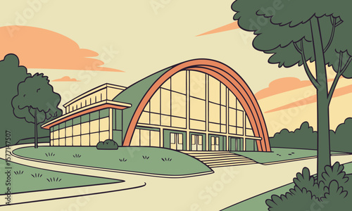 Illustration of a modern building with a curved roof surrounded by trees and a winding pathway view