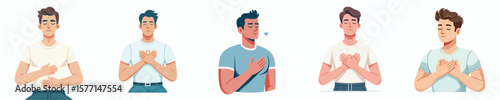 Flat Vector of Man Practicing Calm Breathing Exercise with Eyes Closed and Hands on Chest